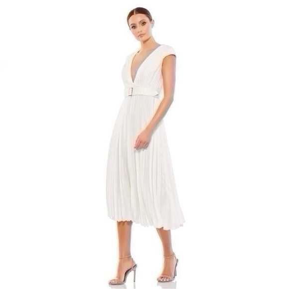 Mac Duggal Pleated Cap Sleeve Belted A-line Midi Dress Gown Whiteb - Picture 1 of 8